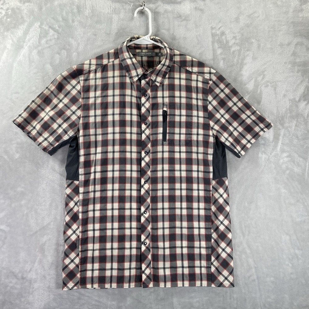 Icebreaker Shirt men's Medium Snap Button Up Merino Wool Plaid Zip Pocket Casual